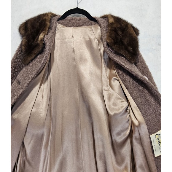 Vtg Swing Coat L /  12 / 14 Wool Capelet Cape Mink Fur 50s 60s Brown Boucle - Picture 8 of 9